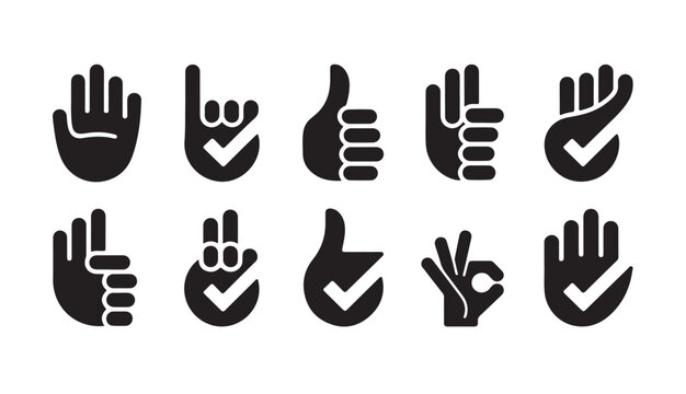 Check mark hand gestures set with thumbs up okay sign and palm symbols for confirmed verification