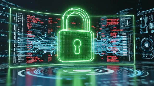 Neon green padlock on digital background.