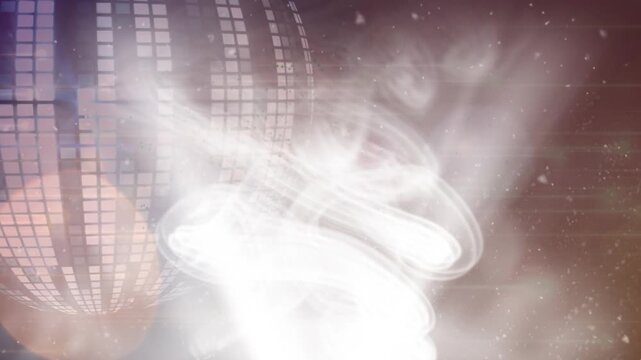 Animation of dust and smoke over disco ball on brown background