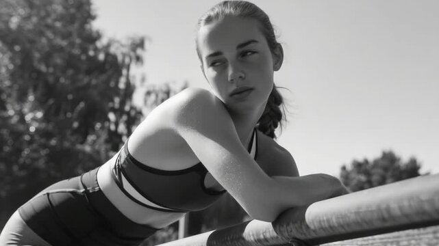 A female athlete in a sleeveless top resting against athletic hurdles with her arms crossed. Sunlit outdoor setting.