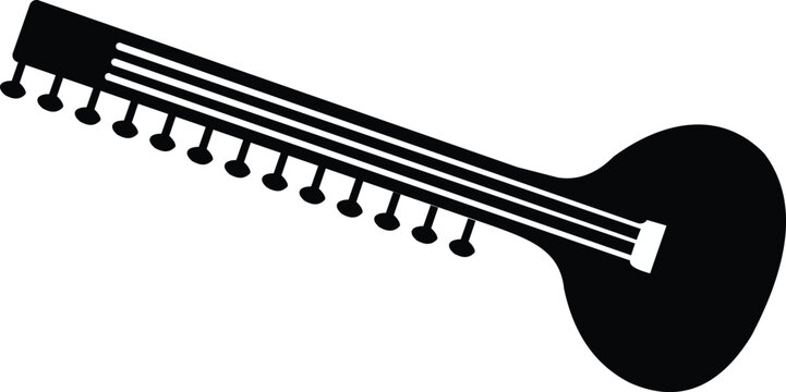 Black silhouette of a sitar or tanpura Indian string musical instrument with many tuning pegs.