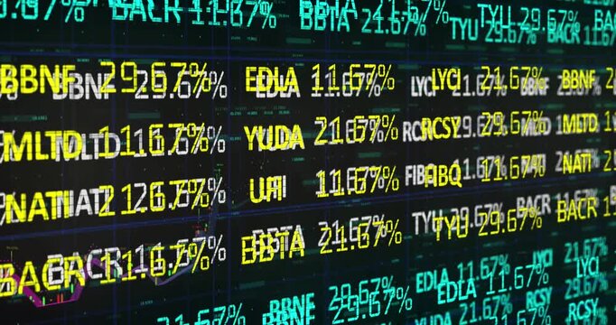 Animation of financial data processing and statistics on black background