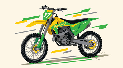 Obraz premium Vibrant green and yellow racing dirt bike with number 77, depicted with dynamic speed lines on a light background.