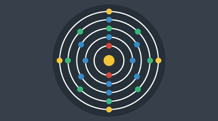 Stylized atomic model with concentric circles and colorful dots on a dark background. © Abhinaya Project