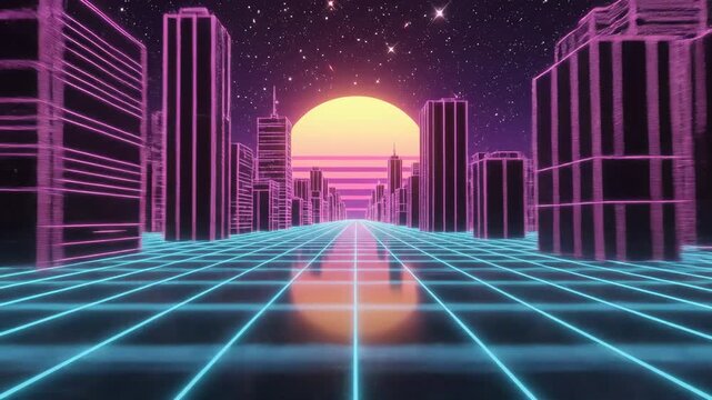 Retro Synthwave Cityscape with neon grid floor and glowing wireframe buildings under a large setting sun for music visualizers and nostalgic digital backgrounds.