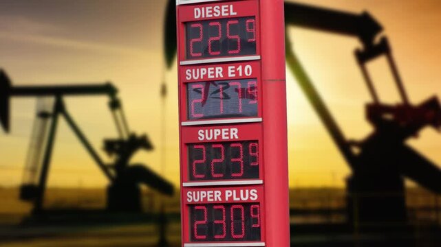 &Ouml;lfeld mit Bohrt&uuml;rmen als Symbol f&uuml;r die &Ouml;lf&ouml;rderung und Preistafel an der Tankstelle mit hohen Kraftstoffpreisen