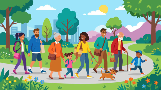 A diverse group of people of all ages, including children, adults, and seniors, walking with a small dog in a sunny park with city and mountains.