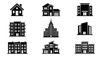Naklejka premium Building icon set. Containing house, office, bank, school, hotel, shop, university and hospital icons. Solid icon collection. Vector illustration.