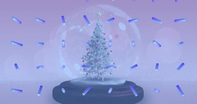 Animation of abstract blue shapes in seamless pattern against christmas tree icon in a snow globe
