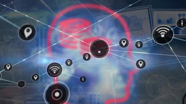 Animation of network of connections with icons over data processing and purple lines