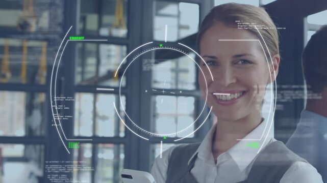 Animation of data processing and scope scanning over caucasian businesswoman smiling at office