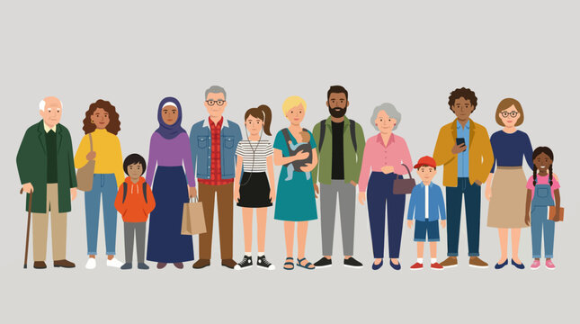 Diverse group of people of all ages, genders, and ethnicities standing together, representing a multiethnic community or society.