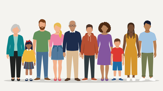 Diverse group of people of all ages and ethnicities standing together, representing community and population.