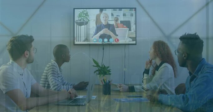 Animation of network of connections over happy caucasian teacher and students