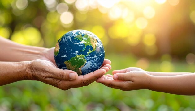 Manos de adulto y ni&ntilde;o sosteniendo el planeta Tierra en fondo natural concepto de sostenibilidad, cuidado del medio ambiente, futuro del planeta y D&iacute;a Internacional de la Madre Tierra