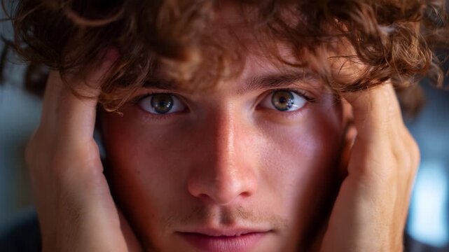 A young man with curly hair showcases a moment of contemplation and introspection, demonstrating a range of emotions through his expressive gaze and hand placement.
