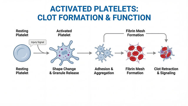 Activated platelets clot formation and function medical biology infographic diagram illustrating the sequential process of platelet activation adhesion aggregation and fibrin mesh development 