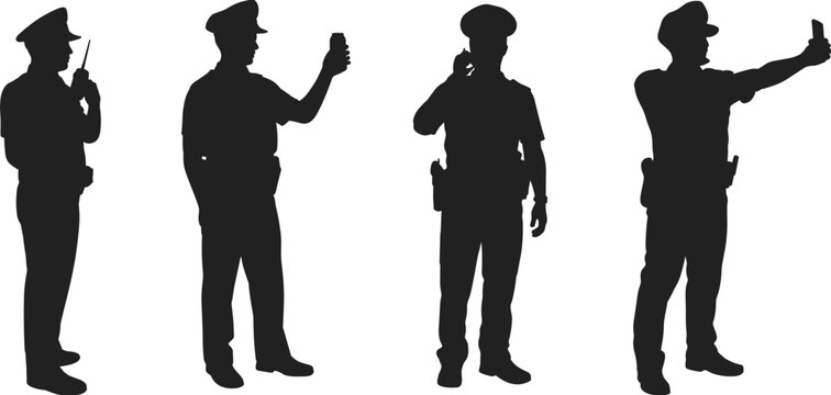 Set of police officer silhouettes in uniform using walkie-talkie and smartphone devices for communication while on duty and patrolling.
