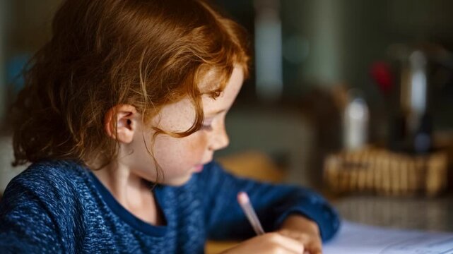 A young child with curly red hair and freckles intently focusing on drawing in a cozy indoor environment, showcasing creativity and concentration amidst casual surroundings.