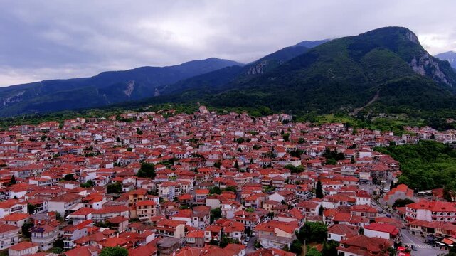 Aerial View of Litochoro Town with Mount Olympus in the Background
