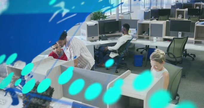 Animation of graphs, changing numbers, map and computer language, diverse coworkers sharing ideas