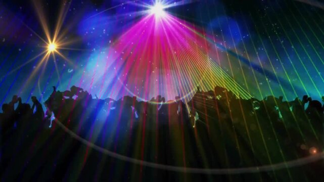 Animation of spotlights and colored laser lights over silhouette of lively crowd at concert