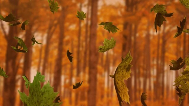 Animation of leaves blowing over wooden table top and trees in autumn forest
