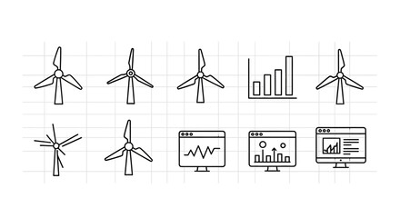 Wind turbines and energy charts icons. © Janda