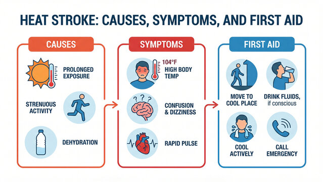 Heat stroke causes symptoms and first aid response medical infographic for dehydration overheating warning signs and emergency treatment steps representing public health awareness summer safety