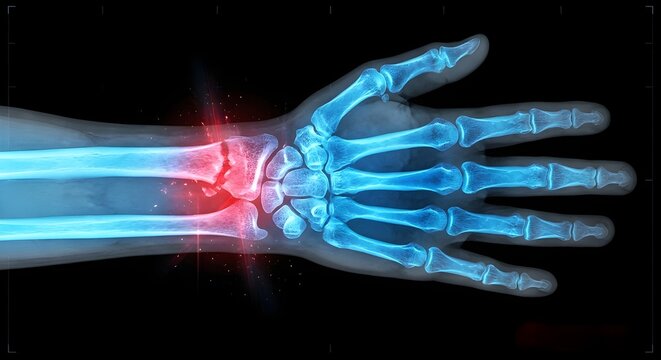 An X-ray style illustration of a human hand and forearm showing a glowing red fracture at the distal radius and ulna of the wrist, set against a dark background with blue bone highlights.