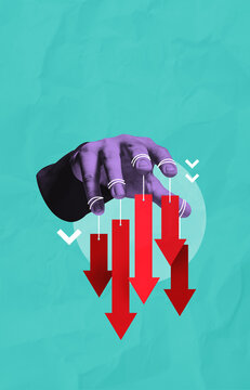Hand controlling falling red arrows on turquoise background illustrating economic decline concept symbolically showing severe downturn concept.