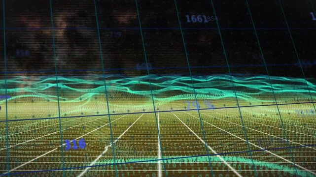 Teal waveform emerging from gold grid, rising and falling with numeric labels visualizing trend