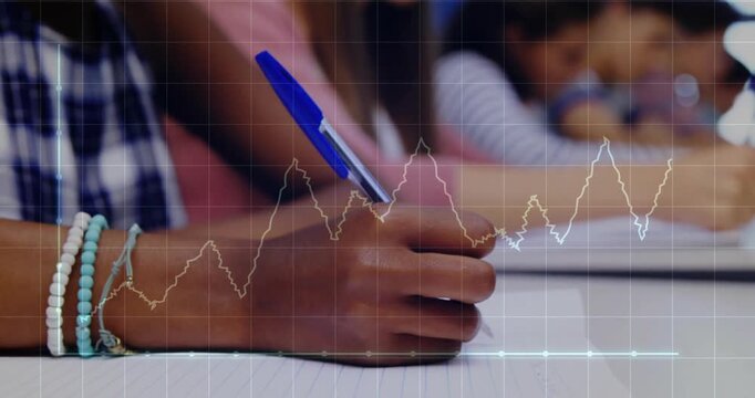 Student hand starting writing on paper at desk while grid and line graph varying for education