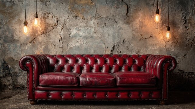Elegant red leather couch beneath three hanging lights against a textured grey wall