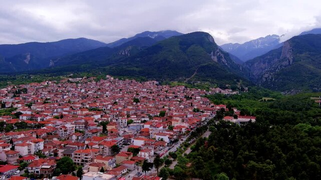 Aerial View of Litochoro Town with Mount Olympus in the Background