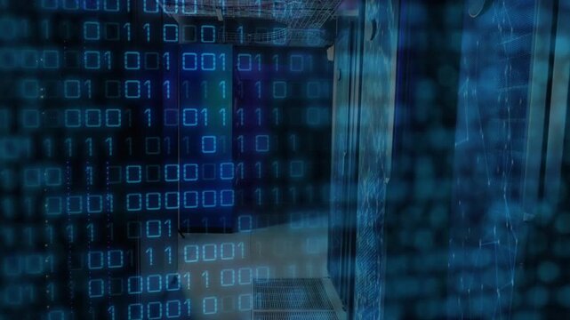 Binary grid appearing over blurred racks pulsing light and scrolling down representing data flow