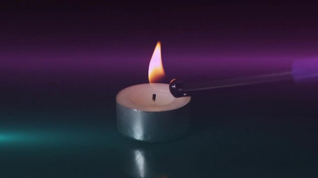 Lighter sparking candle wick, flame growing, teal and magenta streaks sweeping for futuristic flair