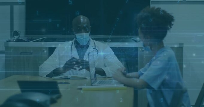 Nurse placing notepad grabbing pen, senior doctor nodding collaborating in clinic with data overlay