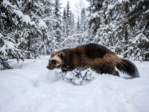 Powerful wolverine moving quickly through the deep white snow of a cold northern forest.