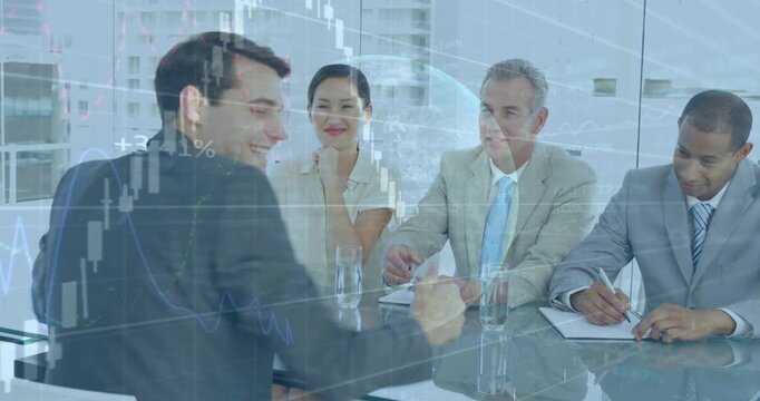 Candidate glass table, exec reaching shaking hands stock-chart overlaying he giving thumbs-up hired