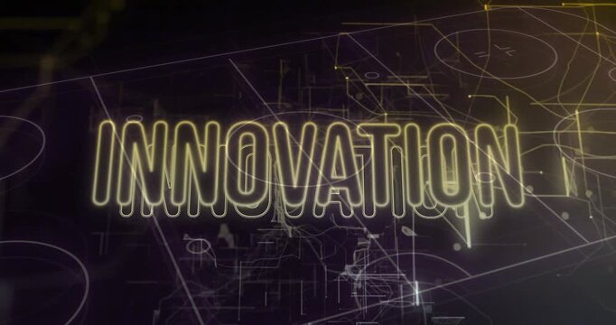 Horizontal neon outline forming starting strokes tracing INNOVATION, revealing wireframe branding