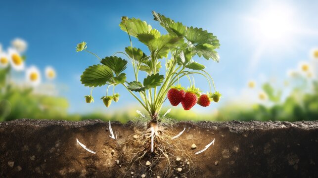 Detailed view of strawberry plant growing in garden soil with root system