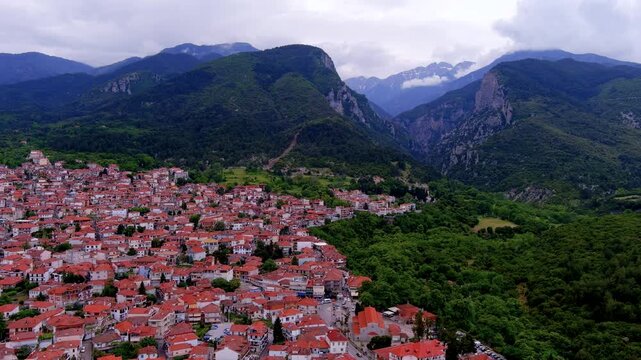 Aerial View of Litochoro Town with Mount Olympus in the Background