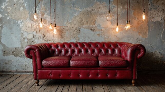 Elegant red leather couch before weathered wall, illuminated by hanging Edison-style bulbs