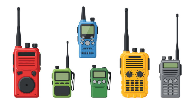 Collection of colorful handheld two way radios in various sizes