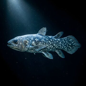 Rare living fossil coelacanth fish swimming mysteriously illuminated in deep dark ocean water
