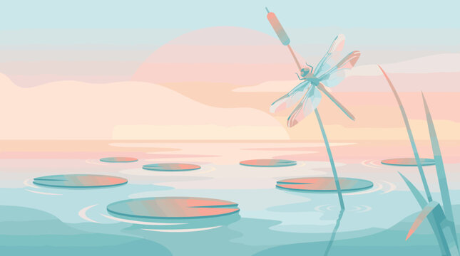 A serene vector illustration of a dragonfly resting on a reed over a calm pond. Peaceful sunset landscape with lily pads, ideal for wellness, meditation, or nature backgrounds.