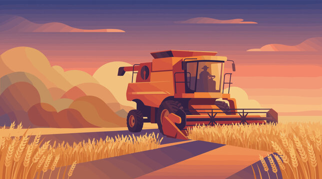 A modern combine harvester works in a golden wheat field at sunset. This vector illustration evokes concepts of agriculture, food production, and farming technology.