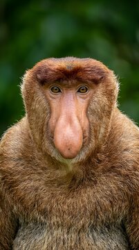 A captivating close-up portrait of a male proboscis monkey showcasing its unique long nose in a natural habitat.