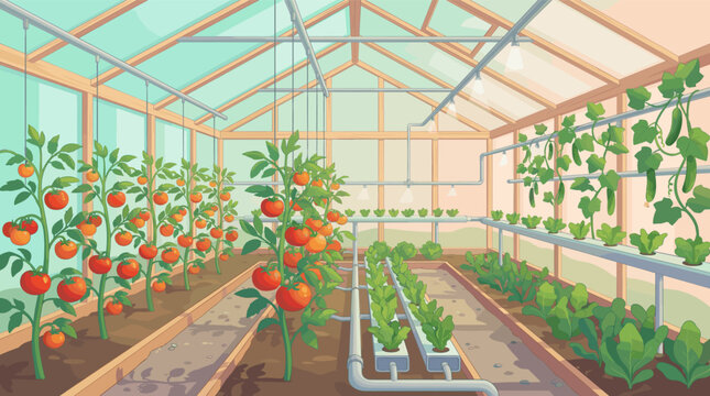 A bright, modern greenhouse illustration with ripe tomatoes and a hydroponic system for growing lettuce. Ideal for agriculture, technology, and sustainable farming concepts.